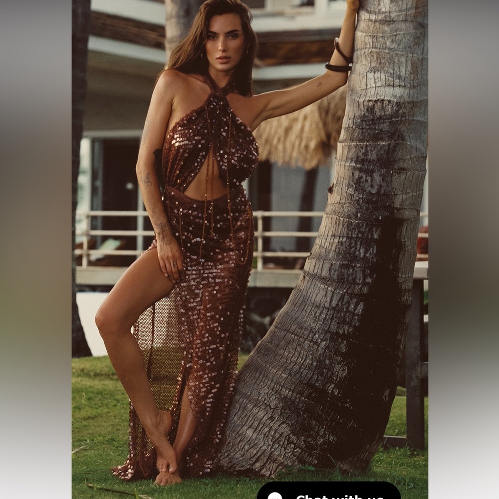 12th tribe - bellagio halter maxi dress - bronze sequins